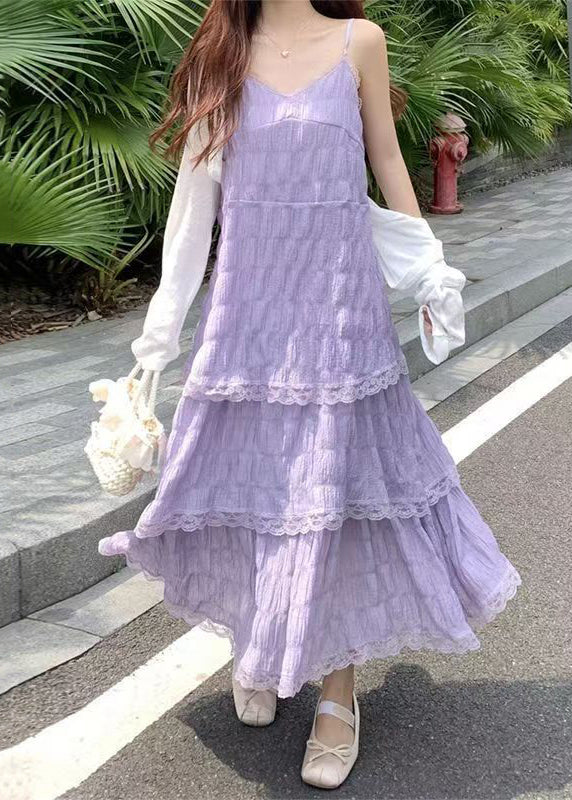 Strap V Elegant Lace Dress Neck Spaghetti Purple Cotton FashionChic