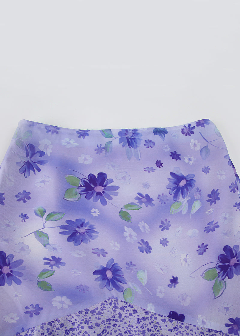 Patchwork Skirt Elegant Summer Purple Zippered Chiffon Print FashionChic