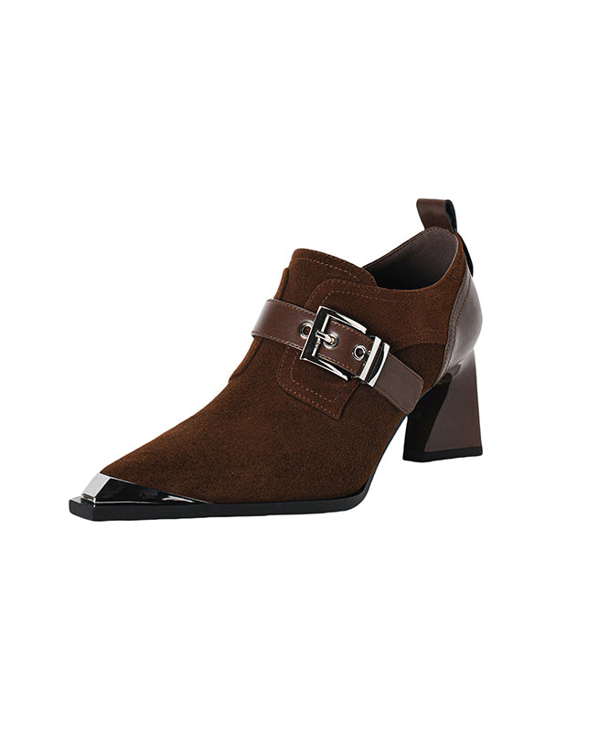 Elegant Splicing Chunky High Heels Brown Suede Pointed Toe RX010 ABC