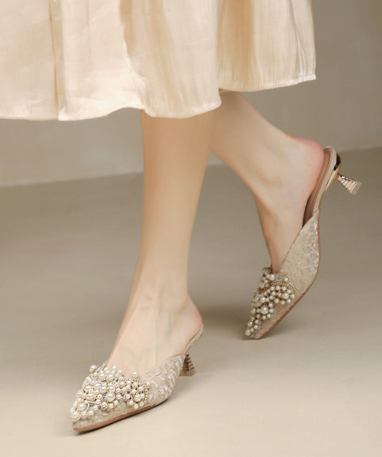 Elegant Pointed Slide Heel Bead Blue Splicing Sandals Nail High FashionChic