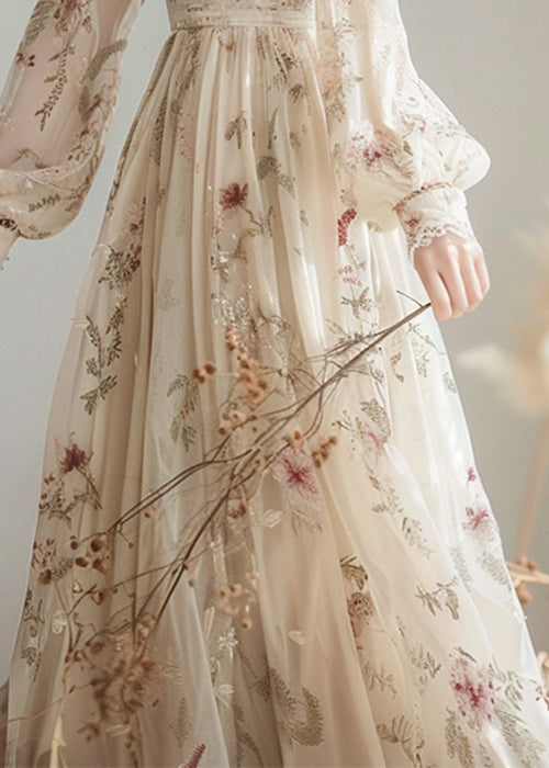 Elegant V Neck Print High Waist Chiffon Dress Long Sleeve KJ007 ZS-FDL240715