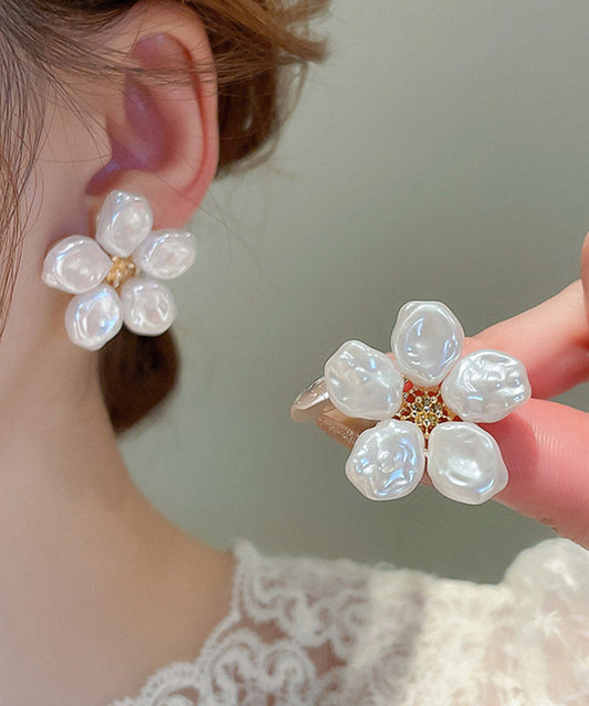 Elegant Earrings Floral White Wrinkled Stud Pearl Alloy FashionChic