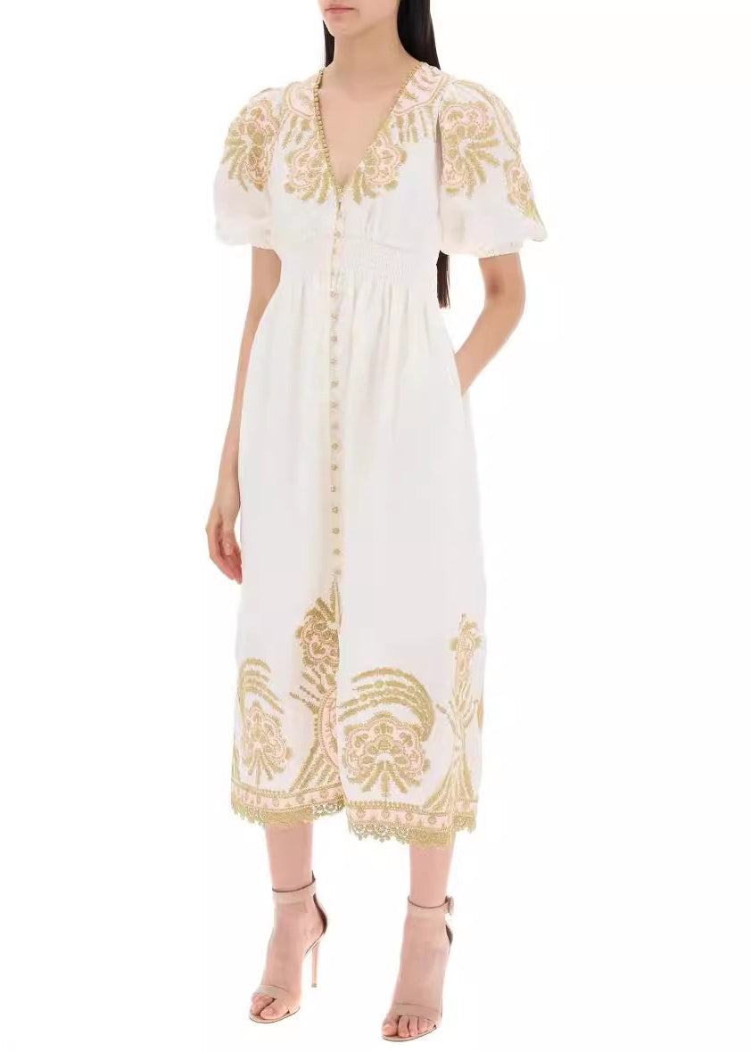 Elegant White Embroidered Button Cotton Long Dresses Summer AU1028 OM-ZS240902