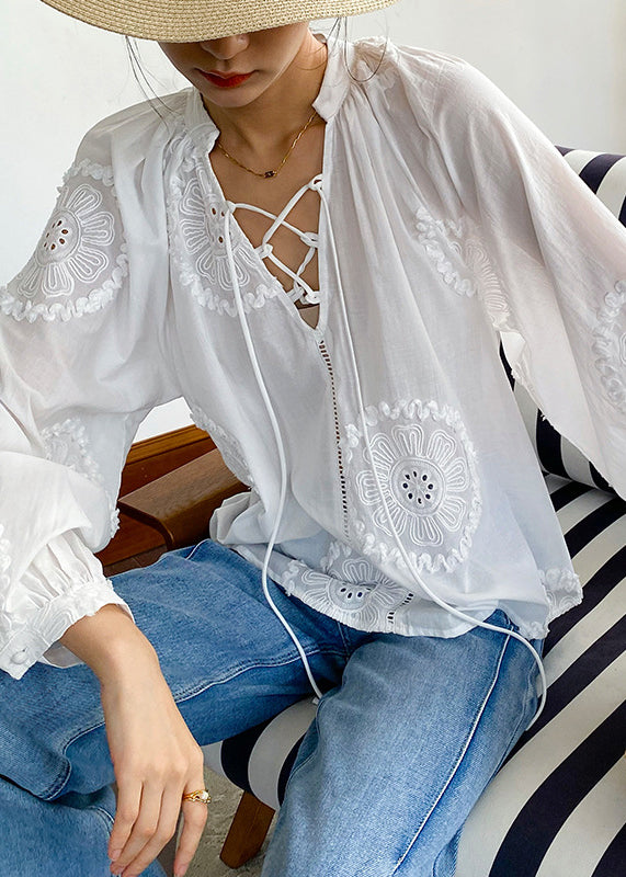Up Elegant White Out Lace Cotton Embroidered Hollow Blouses FashionChic