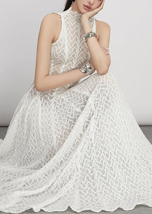 Lace Hollow Out Dress White Elegant Sleeveless Solid Maxi FashionChic