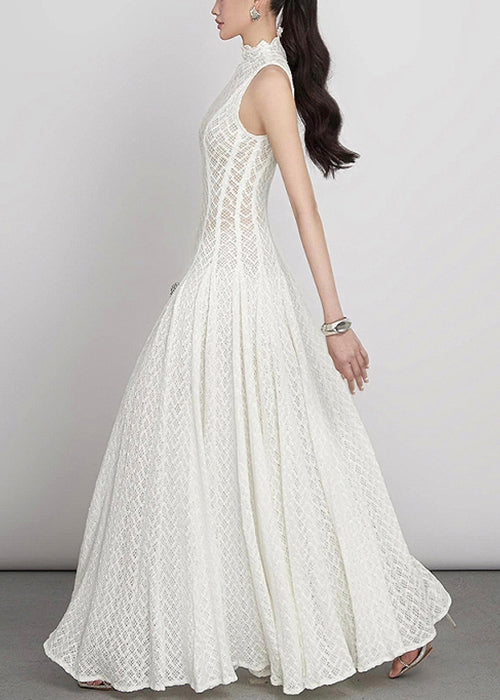 Lace Hollow Out Dress White Elegant Sleeveless Solid Maxi FashionChic