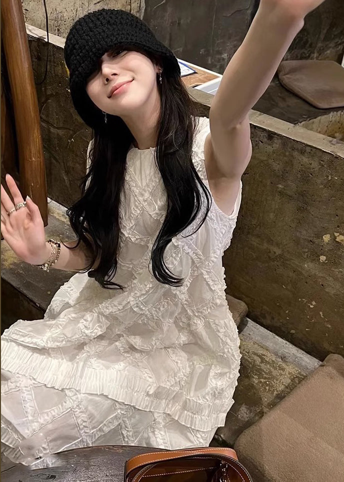 Elegant White Ruffled Solid Cotton Long Dress Sleeveless KK029 SH-LF-SDL240602