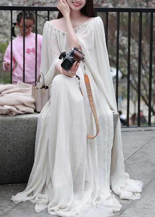 Elegant White Slash Neck Wrinkled Cotton Maxi Dress Sleeveless KK086 SH-LF-SDL240602