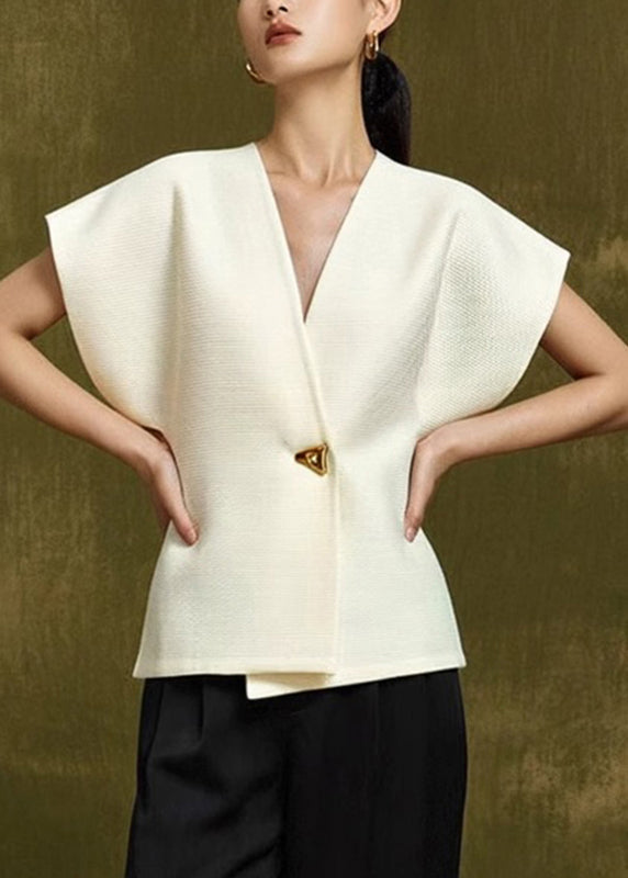 V White Elegant Summer Top Button Neck FashionChic
