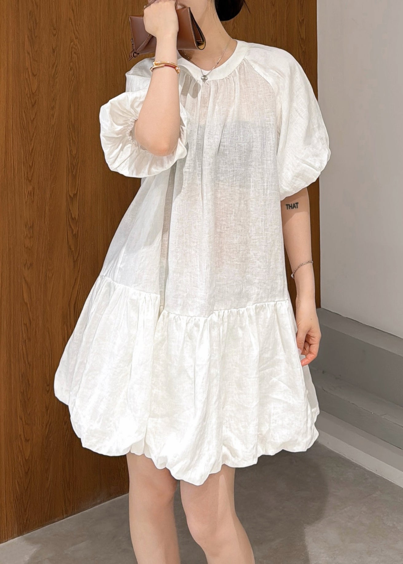 Wrinkled Mid Sleeve Elegant Linen Puff White Dress Solid FashionChic