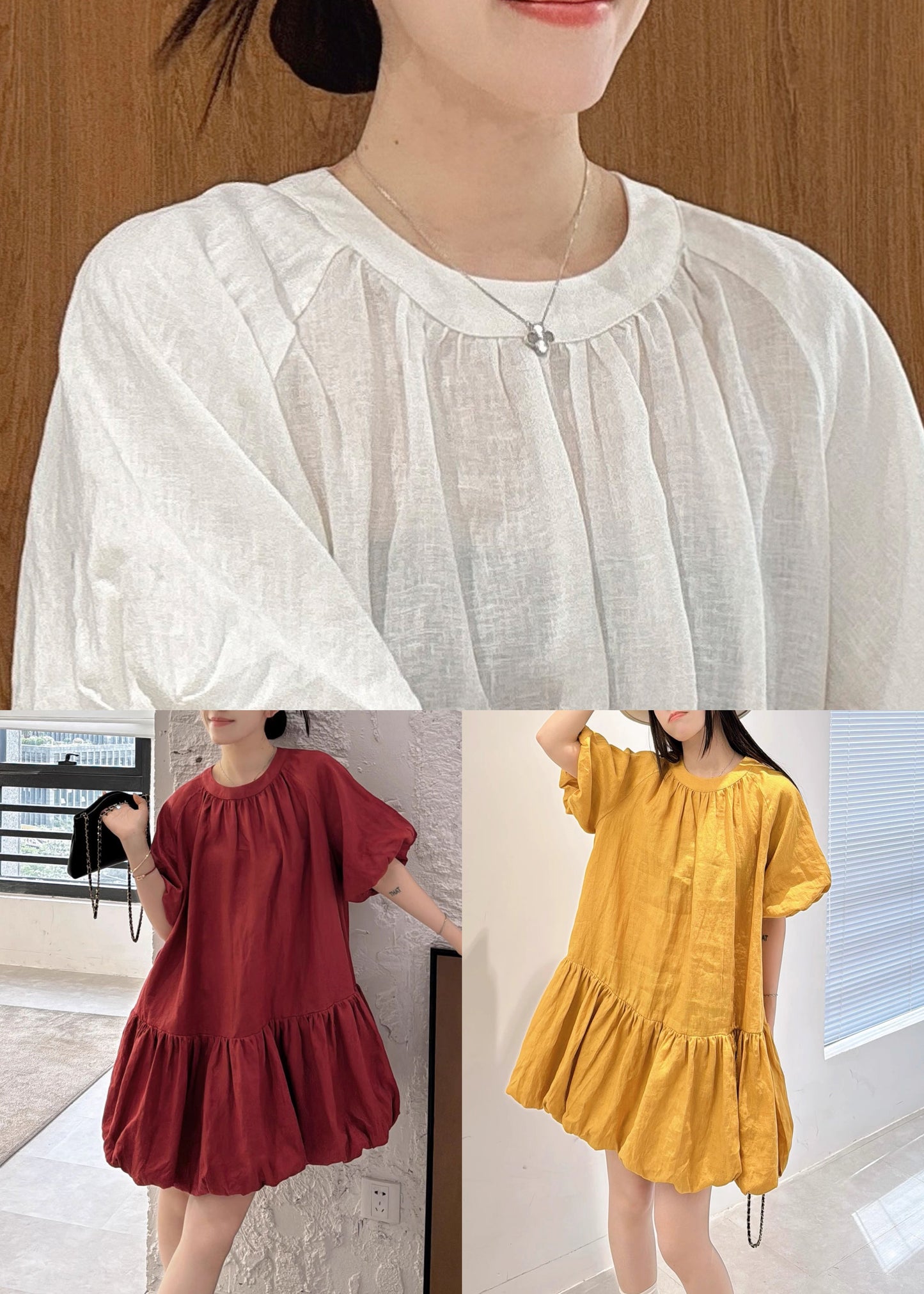Wrinkled Mid Sleeve Elegant Linen Puff White Dress Solid FashionChic