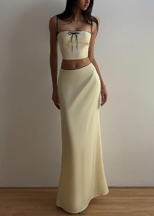 Elegant Yellow Bow Spaghetti Strap Tank And Skirts Silk Two Pieces Set Sleeveless YZ059 ABC