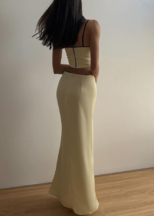 Elegant Yellow Bow Spaghetti Strap Tank And Skirts Silk Two Pieces Set Sleeveless YZ059 ABC