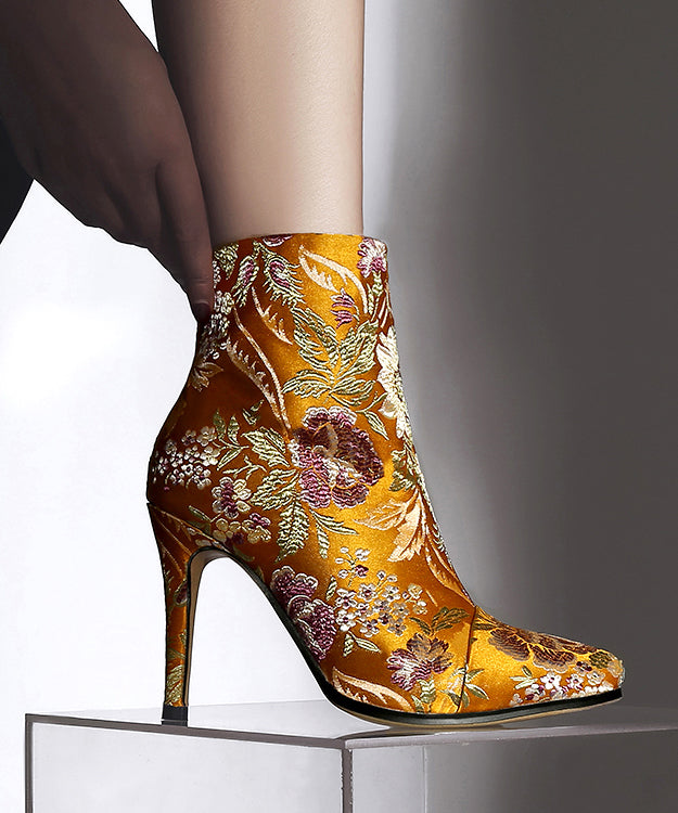 Elegant Yellow Embroidered Zippered Silk Velour High Heel Ankle Boots RT1070 Ada Fashion