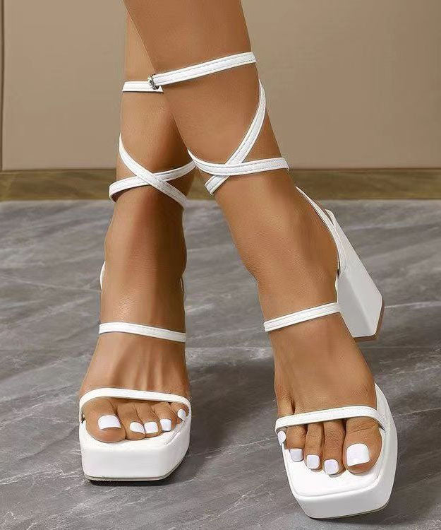European And American White Chunky Heel Sandals Lace Up Peep Toe DD1035 Shoe-LX240605