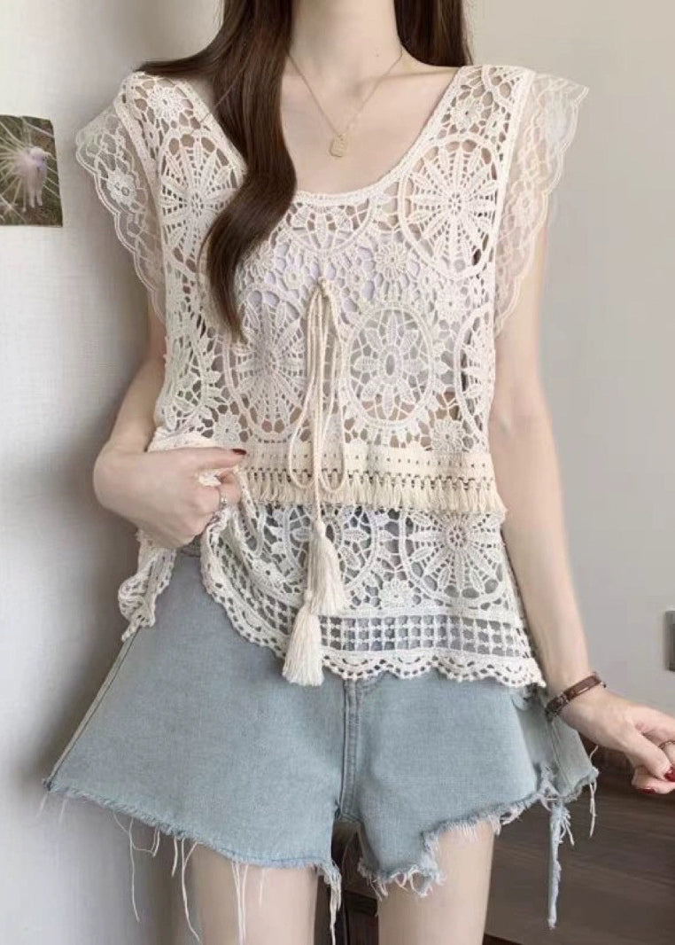 Tank Lace Apricot Fashion Tassel Summer O-Neck FashionChic