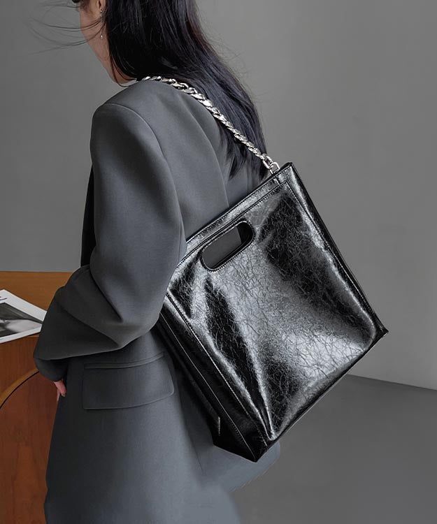 Capacity Large Linked Calf Shoulder Fashion Leather Chain Black FashionChic