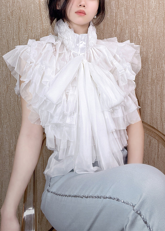 Fashion Black Layered Ruffled Stand Collar Bow Shirts Summer ZL071 SH-LF-STP240621