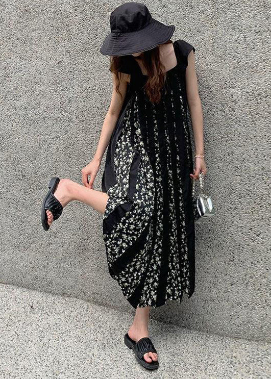 Fashion Black Print Wrinkled Patchwork Cotton Dresses Summer WW1022 Ada Fashion