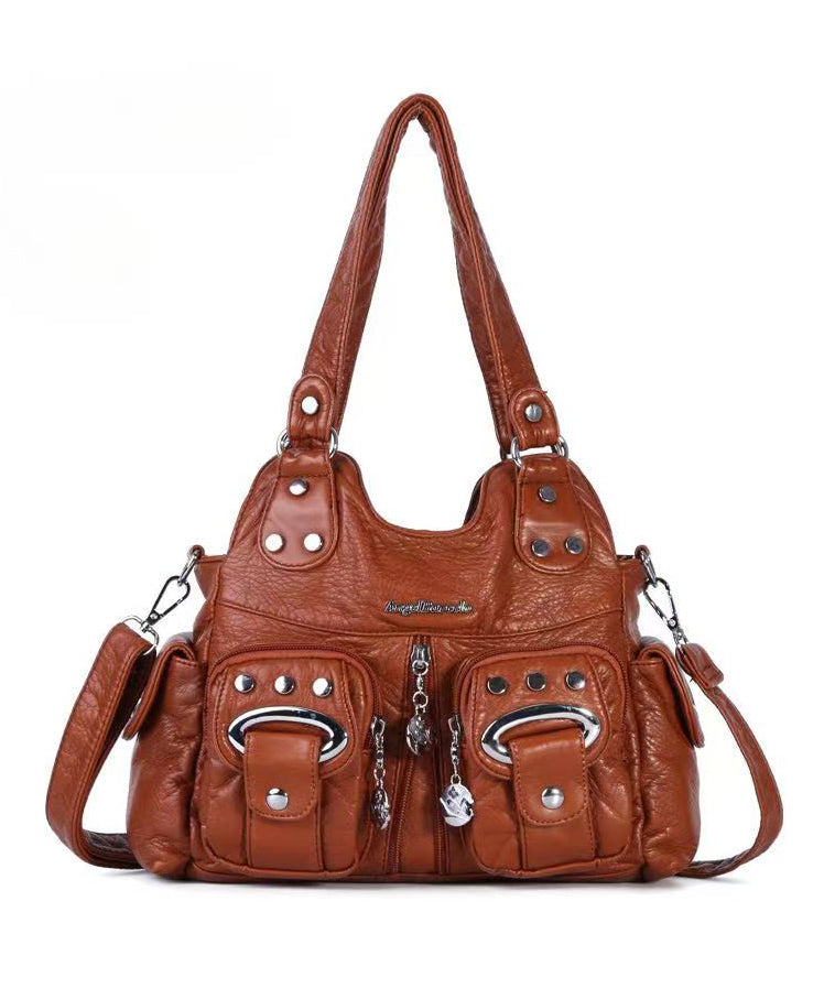 Fashion Black Rivet Faux Leather Satchel Handbag MM047 Bag-BGS240620