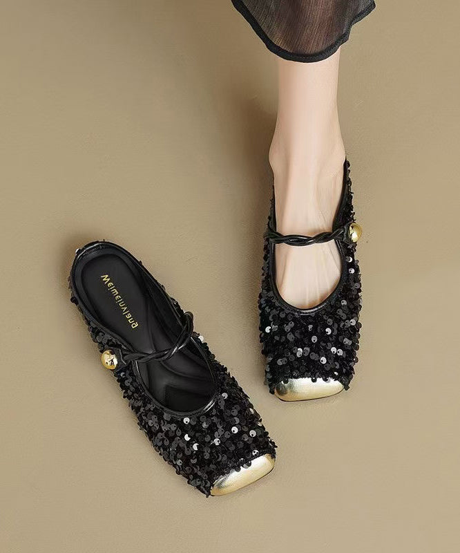 Strap Splicing Sandals Black Fashion Sequins Buckle Slide FashionChic