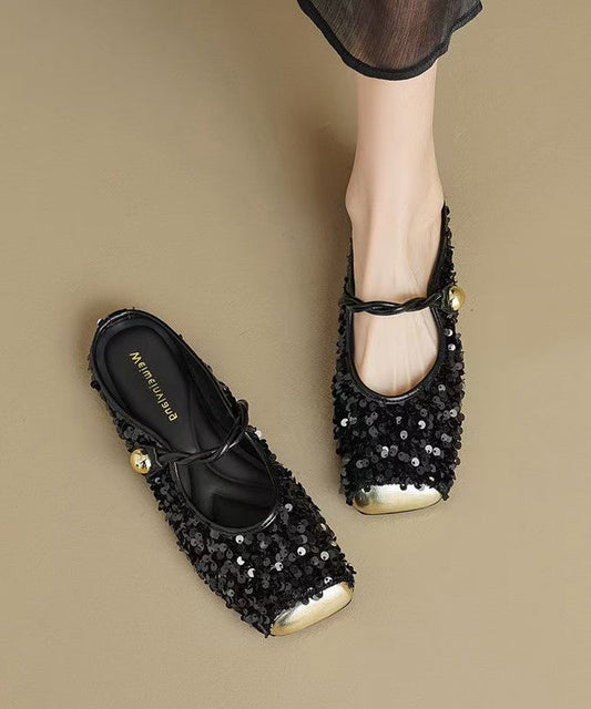 Strap Splicing Sandals Black Fashion Sequins Buckle Slide FashionChic