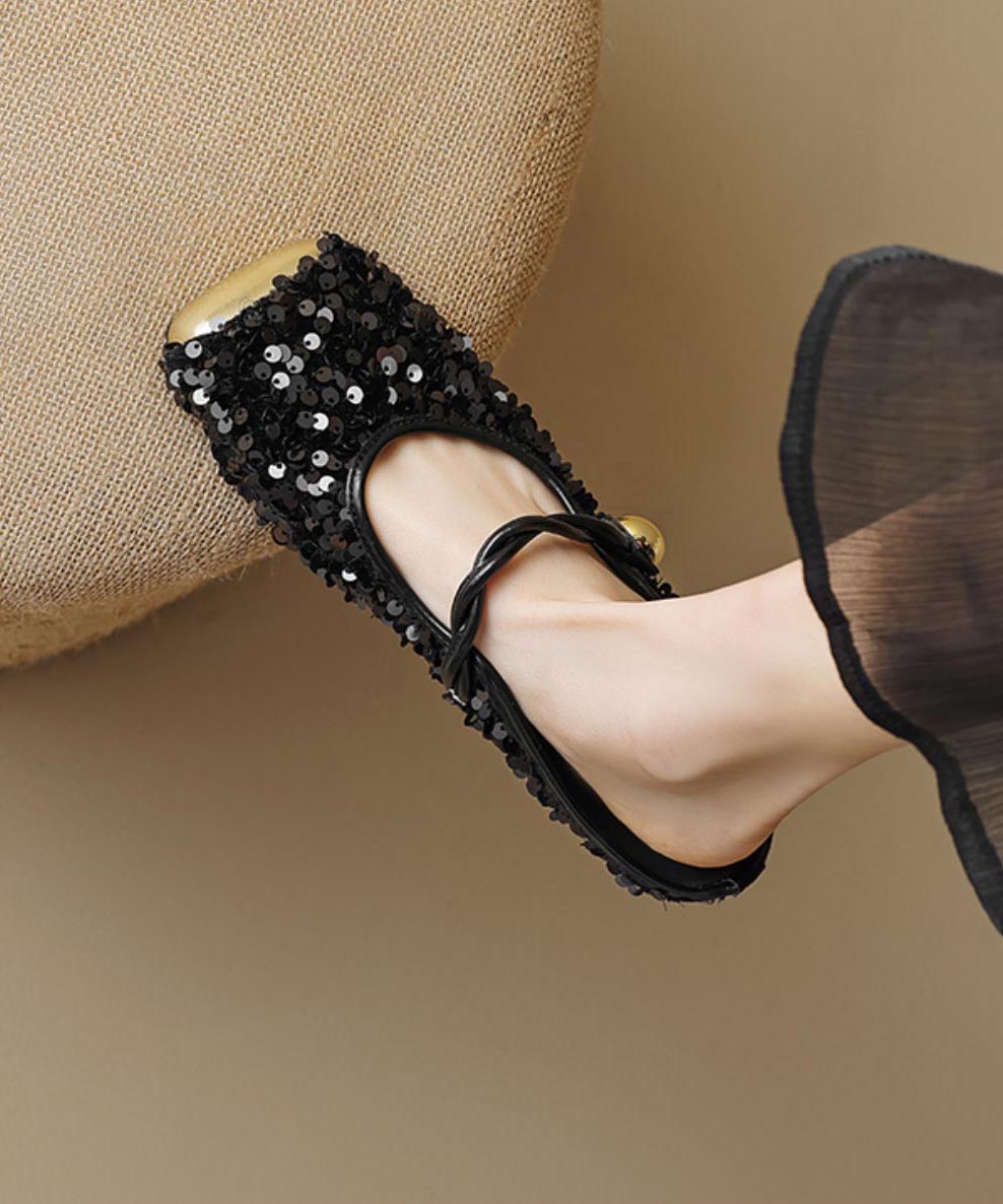 Strap Splicing Sandals Black Fashion Sequins Buckle Slide FashionChic
