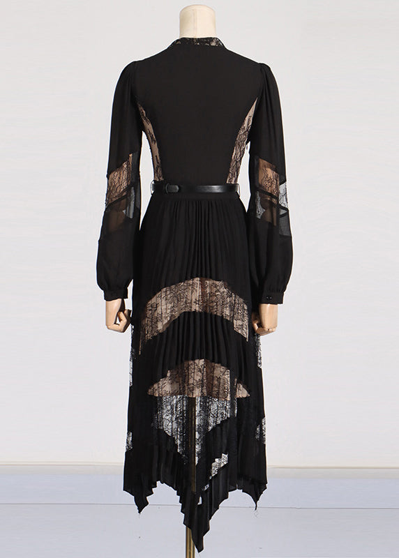 Fashion Black V Neck Lace Patchwork Floral Maxi Dresses Puff Sleeve ZL037 SH-LF-FDL240621