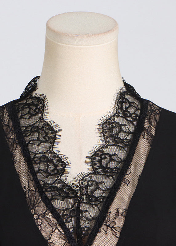 Fashion Black V Neck Lace Patchwork Floral Maxi Dresses Puff Sleeve ZL037 SH-LF-FDL240621