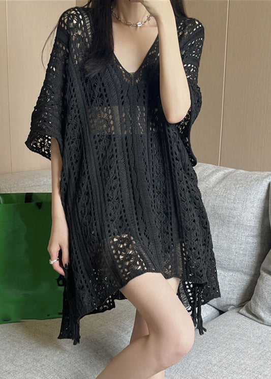 Neck Silk High Design Fashion Knit V Summer Shirt Black T Low Ice FashionChic