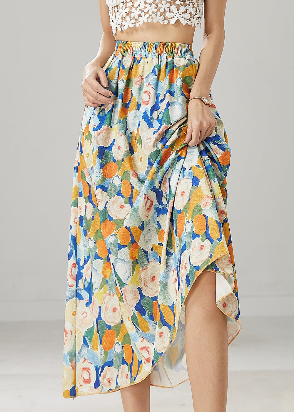Fashion Blue Floral Elastic Waist Chiffon Skirts Summer YU1009 Ada Fashion