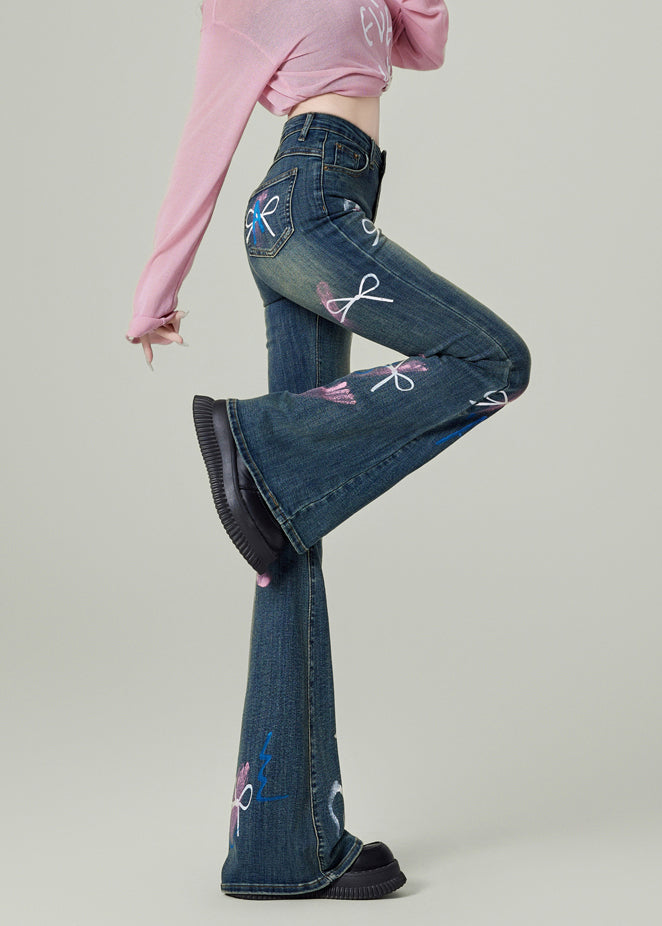 Fashion Blue Pockets Bow Print Denim Flared Trousers Spring TN020 ABC