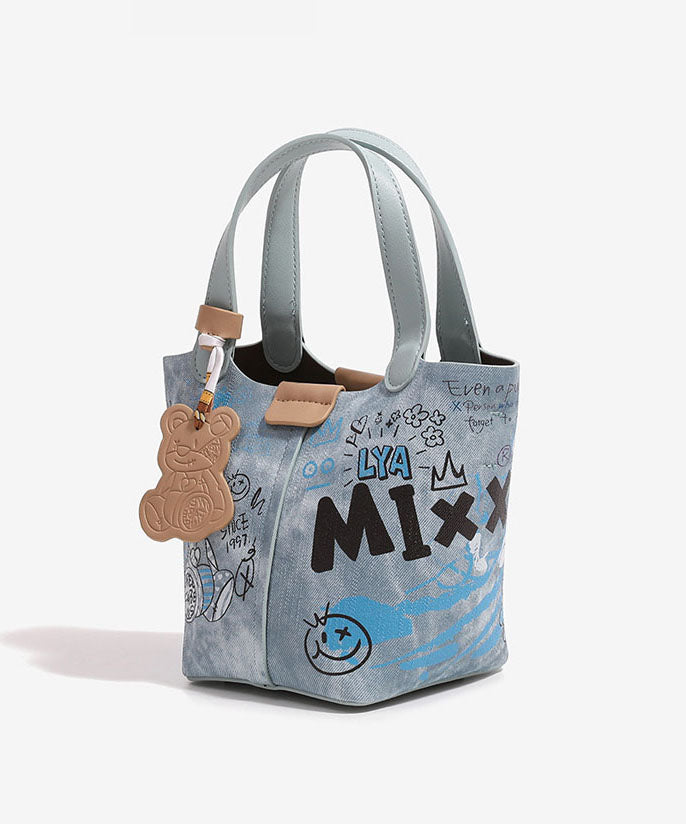 Denim Bucket Blue Print Fashion Patchwork Bag FashionChic