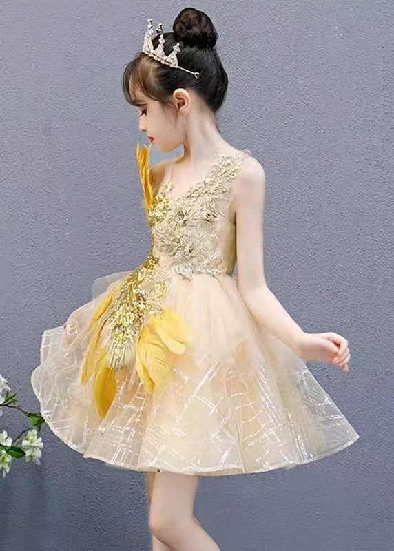 Fashion Gold V Neck Lace Patchwork Tulle Girls Mid Dress Sleeveless QV006 WS-JRTZSDGM241026
