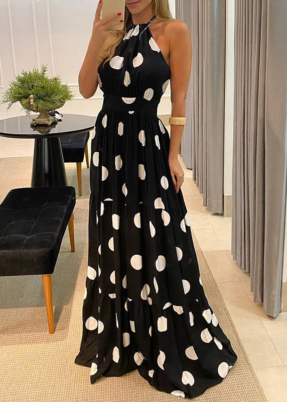 Maxi Fashion Dot Halter Sleeveless Backless Print Dress Green FashionChic