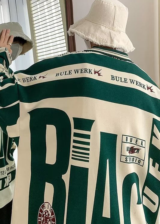 Fashion Green Peter Pan Collar Cotton Men Graphic Polo Shirts Fall WJ003 MENPT241119