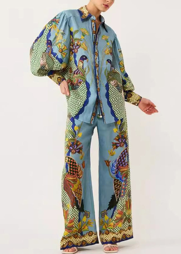 Green Shirts Fashion Print And Leg Peter Pants Wide Pan Collar FashionChic