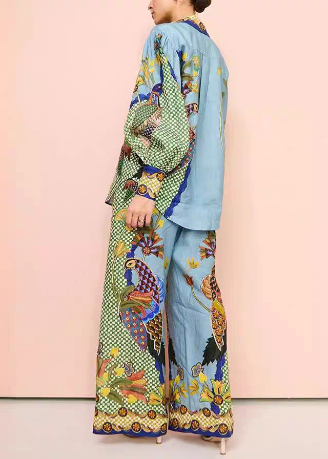 Green Shirts Fashion Print And Leg Peter Pants Wide Pan Collar FashionChic