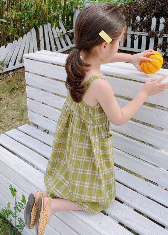 Fashion Green Square Collar Plaid Patchwork Button Girls Long Dress Sleeveless GF011 MM-RCTZ-SDL230724