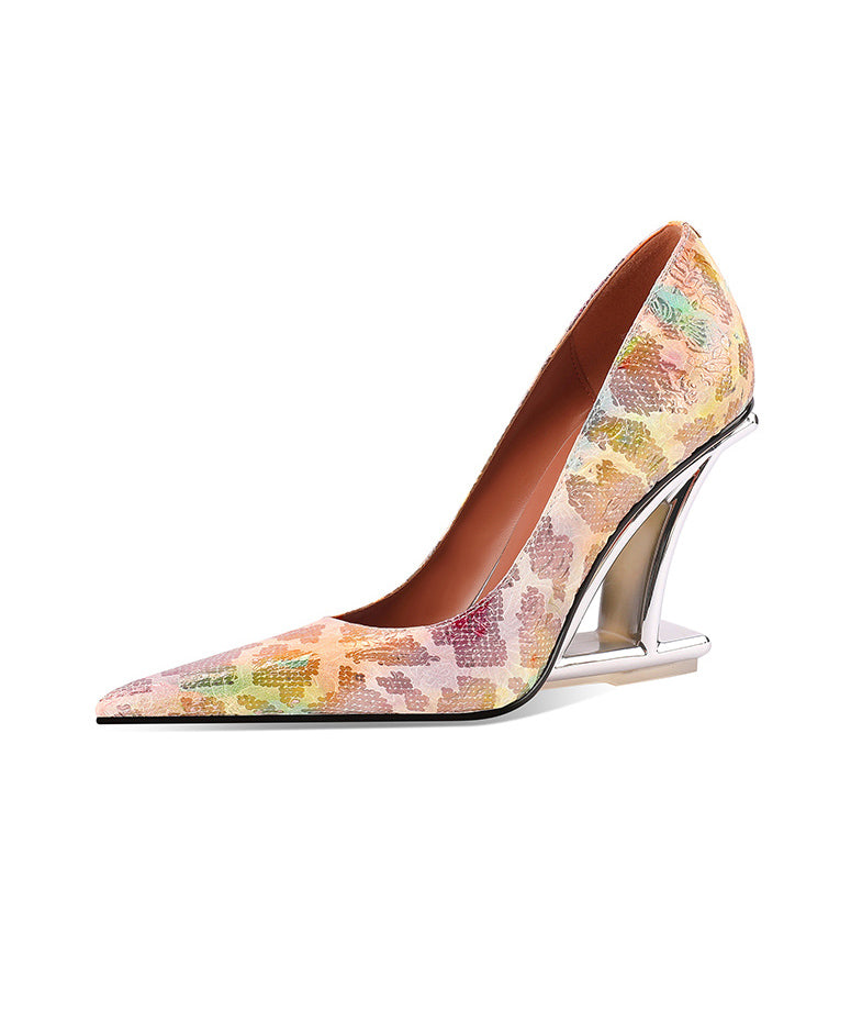 Fashion Pink Cowhide Leather Wedge Heels Embossed Pointed Toe YR035 ABC