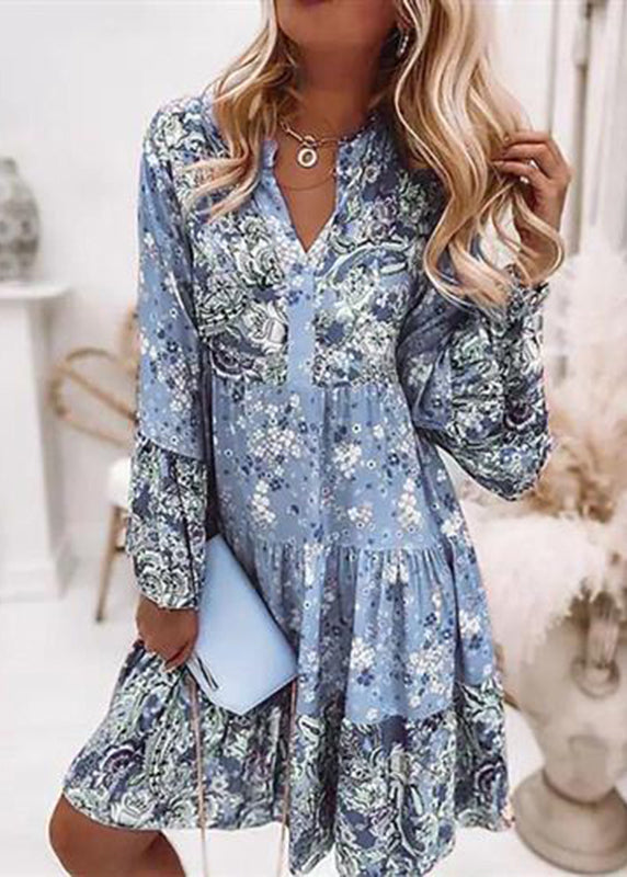Fashion Fall Pink Mid Dresses V Wrinkled Print Neck FashionChic