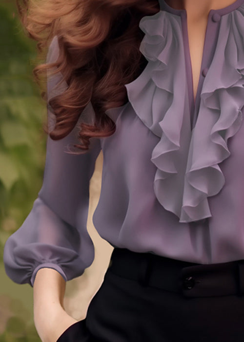Shirt Purple Bracelet Ruffled Sleeve Fashion Chiffon Solid FashionChic