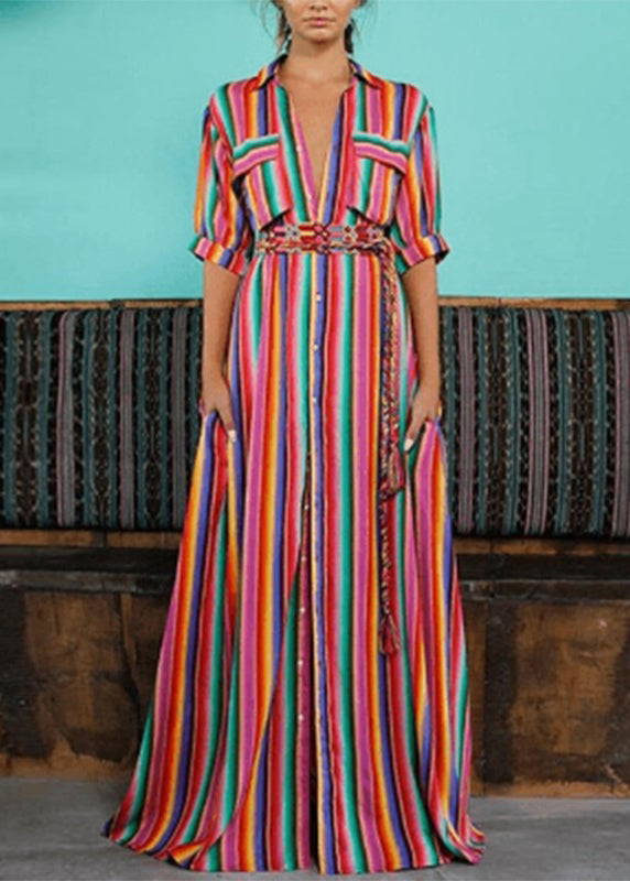 Fashion Rainbow Striped Button Tie Waist Maxi Shirts Dresses Summer VB1040 Ada Fashion