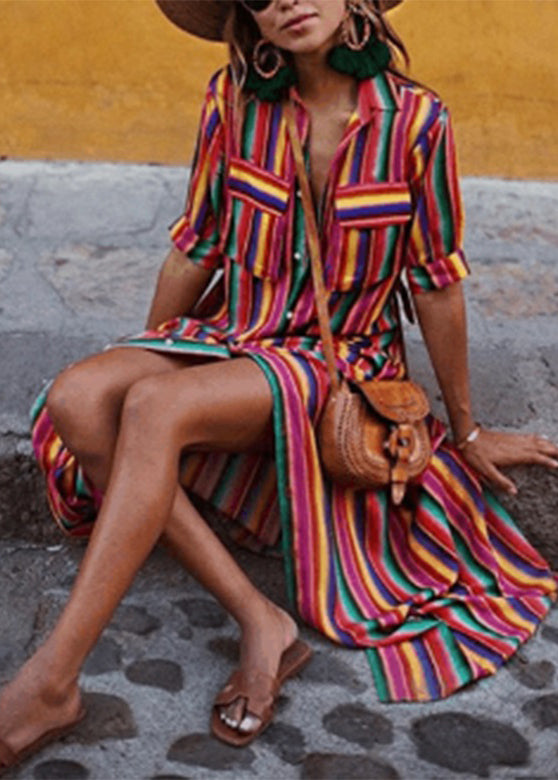 Fashion Rainbow Striped Button Tie Waist Maxi Shirts Dresses Summer VB1040 Ada Fashion