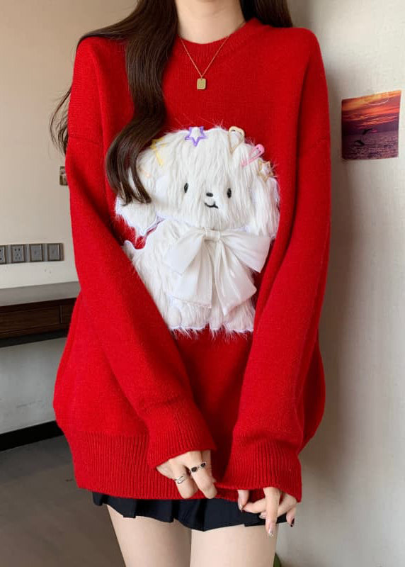 Fashion Red O Neck Dogs Loose Knit Sweaters Spring TN032 ABC