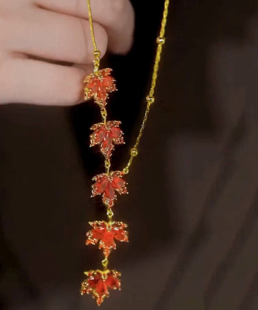 Fashion Red Sterling Silver Overgild Maple Leaf Pendant Necklace RA031 ABC