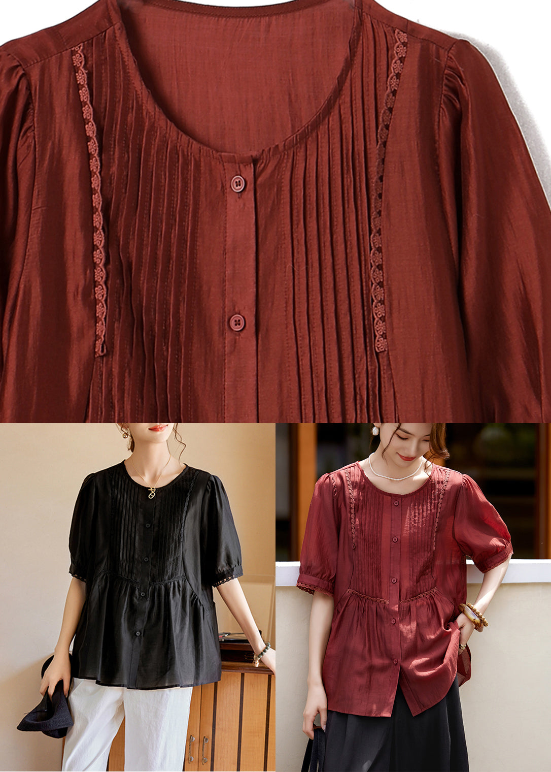 Fashion Rust Lace Patchwork Button Silk Shirt Summer WW048 OL-STP240812