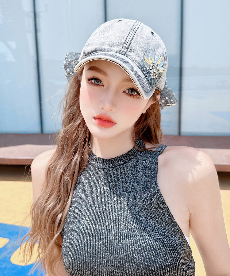 Baseball Flower Sequin Hat Fashion Rhinestone Versatile Cap Bow FashionChic