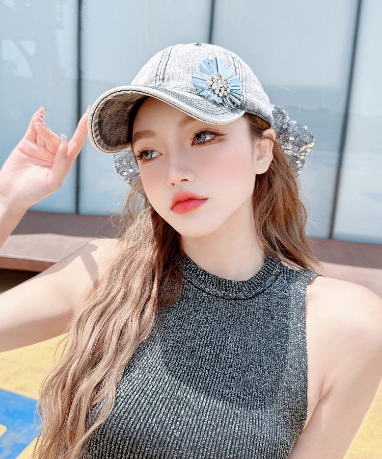 Baseball Flower Sequin Hat Fashion Rhinestone Versatile Cap Bow FashionChic
