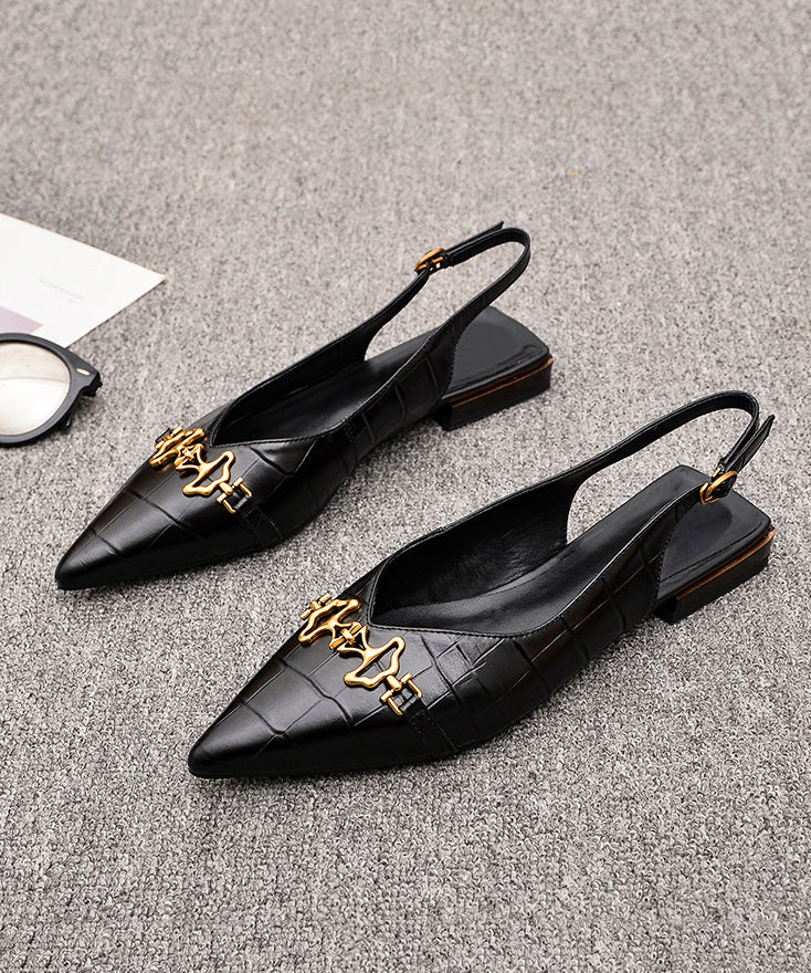 Black Fashion Cowhide Sandals Leather Splicing Sequined Pointed FashionChic